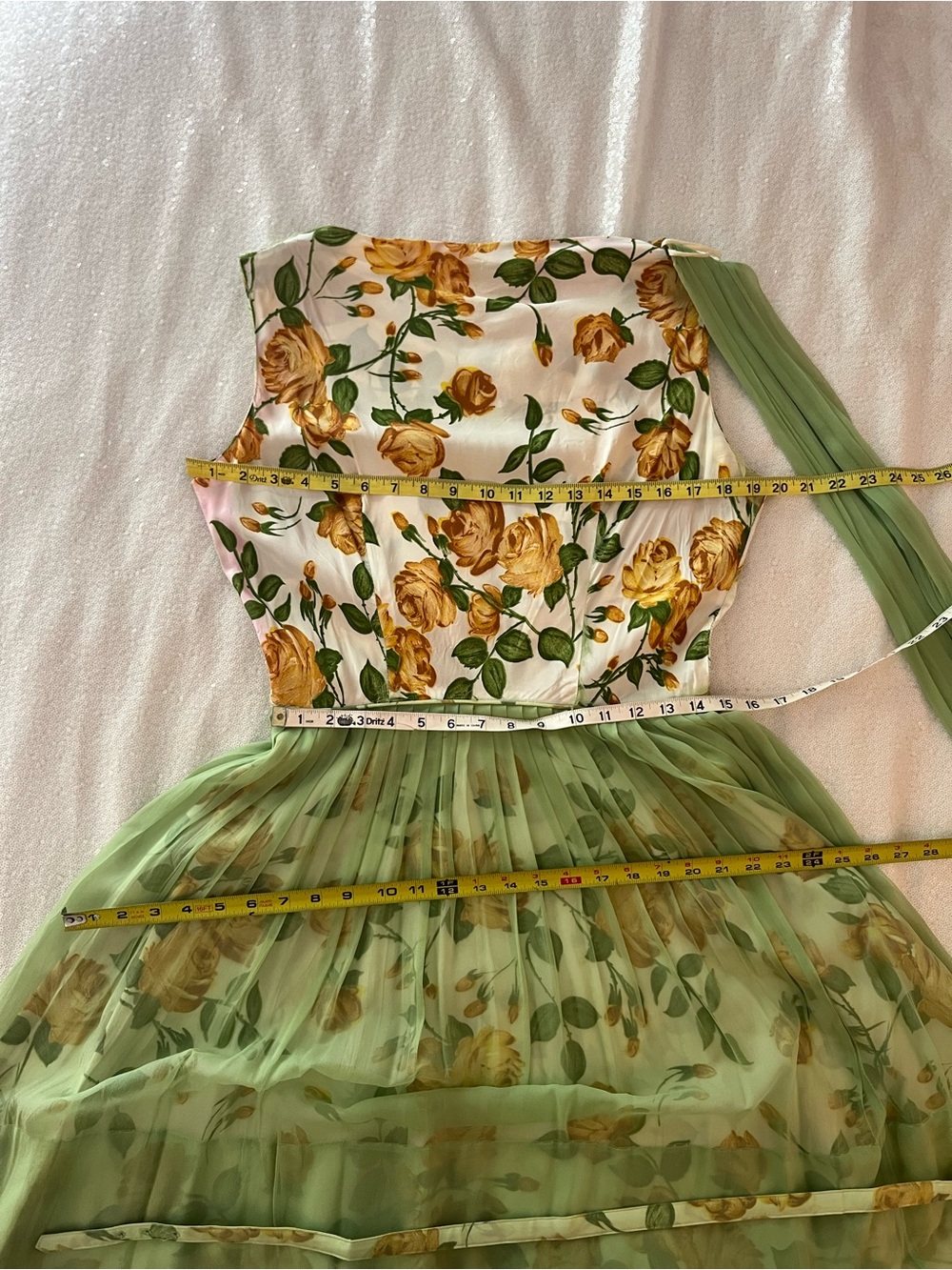 Vintage 1950s Yellow Rose Floral Cocktail Fit and Flare Dress with Green Chiffon - Picture 6 of 14